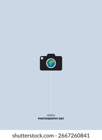 Día Mundial de la Fotografía. Cámara con Globo. Ilustraciones vectoriales