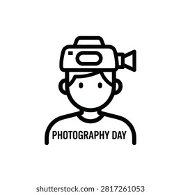World Photography Day concept icon with person and camera on head in line art style