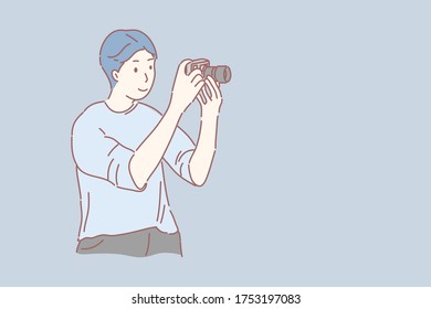 World photography day concept, Man holding and looking to camera vector.
