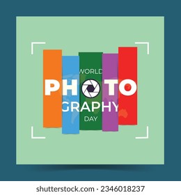 Afiche creativo y abstracto del Día Mundial de la Fotografía. Ilustración colorida y completa. Afiche con carrete y mapa del mundo. 
