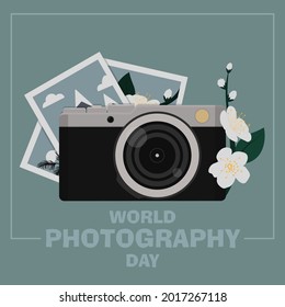 World Photography Day, digital camera, printed photos, photography, nature, travel, flowers, mountains, palms, vector image