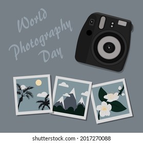 World Photography Day, digital camera, printed photos, photography, nature, travel, flowers, mountains, palms, vector image