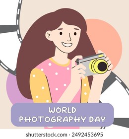 World Photography Day. girl happily with a camera. vector banner