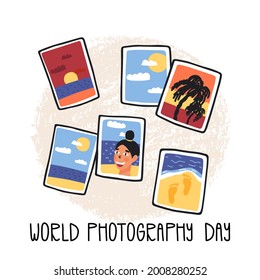 World photography day greeting card, banner design with hand lettering. Cute summer vacation pics with landscapes, selfie and sightseeing attractions. Vector cartoon hand-drawn illustration.