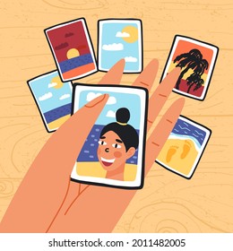 World photography day greeting card, banner design. Person's hand hold summer vacation selfie, other photo pics with landscapes and sightseeing attractions. Vector cartoon hand-drawn illustration.