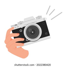 World photography day greeting card. Square banner with a hand holding digital camera in retro look. Background with world map. Vector illustration in flat cartoon style.