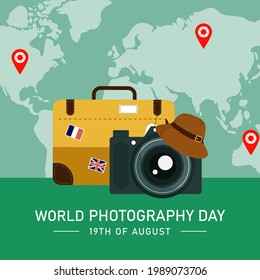 
World Photography Day. Happy World Photography Day Camera Vector Design,  World Map, August 19.vector design. map pin
background. Photography. EPS 10
