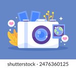 World Photography Day. illustration of a digital or analog camera with a film roll, photo symbol, and heart symbol. learn to photograph or take photos. illustration concept design. graphic elements