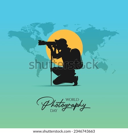 World Photography Day with World Map Background, photographer taking photo. World Photography Day social media banner and instagram banner post design