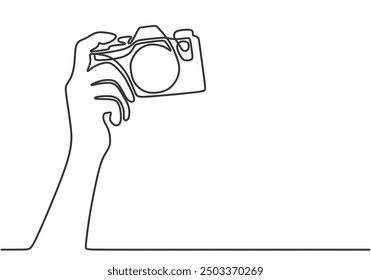 World Photography Day. Minimalist Continuous Line Drawing of Hand Holding a Camera
