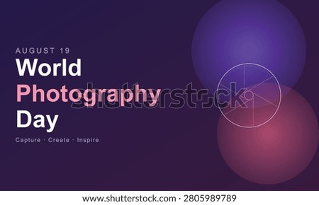 A World Photography Day poster featuring a white camera lens on a purple background with the text 'AUGUST 19 World Photography Day Capture Create Inspire'