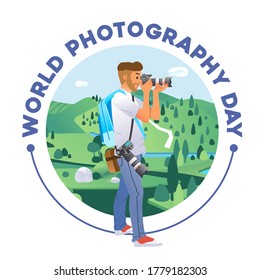 world photography day poster with young man taking a picture of beautiful landscape vector illustration. used for poster, website image and other