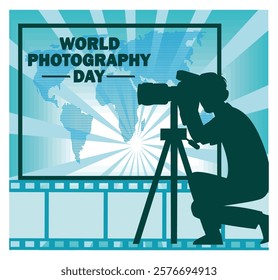 World Photography Day with a silhouetted photographer setting up a camera tripod in front of a global map, radiating light patterns, and filmstrip themed borders. Flat vector modern illustration 