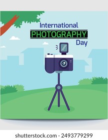 Der Social-Media-Beitrag des World Fotografie Day zeigt ein schlankes Design, das die Kunst des Fotografies zelebriert. Dazu gehören ein prominentes Kamerasymbol, stilvolle Schriftarten und Platz für personalisierte Fotos und Nachrichten