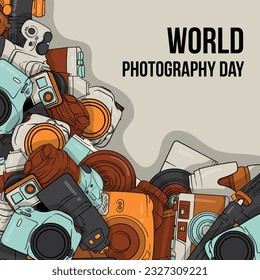 World photography day template design with doodle art of camera or photography tools