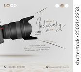 world photography day text calligraphy and vector illustration of camera and dotted world map on cream color background, banner, poster, social media template