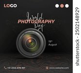 world photography day text calligraphy and vector illustration of camera lens and dotted world map on black background, banner, poster, social media template