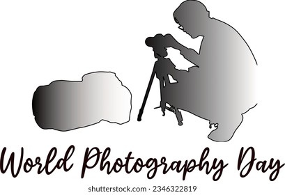 World Photography day Text calligraphy with Photographer snapshot Moment with camera on hand , Typography, World Photography day lettering inscription, Photographer Capture with camera illustration 
