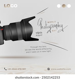 world photography day text calligraphy and vector illustration of camera and dotted world map on cream color background, banner, poster, social media template