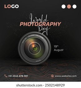 world photography day text calligraphy and vector illustration of camera lens and dotted world map on black background, banner, poster, social media template