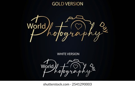  Tipografia de texto do Dia Mundial da Fotografia com ícone da câmera. Logotipo de fotografia