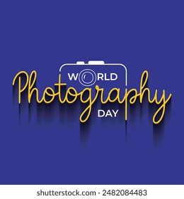 World Fotografie Day Typografie Vorlage Design mit einer Kamera Objektiv Icon Vektorillustration. Handschrift für Fotografie-Tagesplakat, Banner, Logo. Blauer Hintergrund. Fröhlicher Fototag.