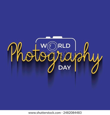 World photography day typography template design with a camera lens icon vector illustration. Hand lettering for photography day poster, banner, logo. Blue background. happy Photo day.