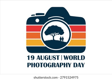 World photography day typography vector illustration on August 19 with retro camera and tree badge design