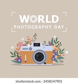 Ilustración de diseño de Vector del Día Mundial de la Fotografía. Cámara en estilo plano con flores y texto. Antiguas y colores retro