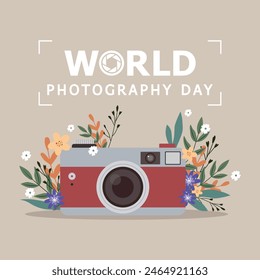 World photography day vector design. Camera in flat style with flowers and text. Vintage and retro colours. Hand drawn illustration for banner, card and coupon