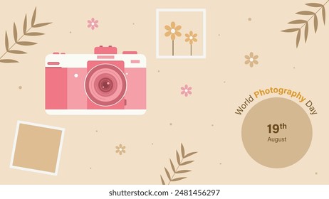 Diseño del Vector del Día Mundial de la Fotografía con cámara, flores, Fotos y hojas. Cámara aislada en el fondo.