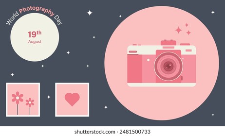 World Photography Day vector design with a camera, flowers, photos, a heart, and stars. Isolated camera in the background with holiday text.