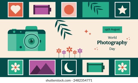 World Photography Day vector design with sun, moon, a camera, a heart, photos, camera rolls, flowers, stars, and leaves. Vector background for celebrations.