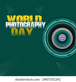 Ilustración de diseño de Vector del Día Mundial de la Fotografía. Texto con Elementos decorativos y lente de cámara. 