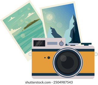 Día Mundial de la Fotografía ilustración de diseño de Vector. Cámara en estilo plano con Fotos sobre fondo. Antiguas y colores retro. Instantáneas de paisajes y paisajes marinos