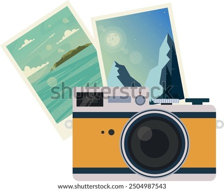World photography day vector design illustration. Camera in flat style with photos on background. Vintage and retro colours. Landscape and seascape snapshots