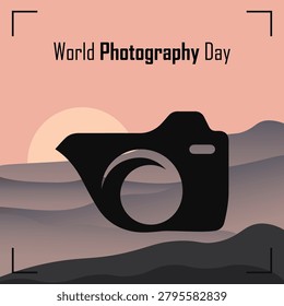 World Photography Day vector featuring a camera and beautiful natural scenery, celebrating the art of capturing landscapes, memories, and creative moments. Perfect for photography events, travel promotions, social media campaigns, posters, and visual storytelling projects.