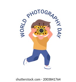 World Photography day vector illustration. Happy kid with camera taking photo.