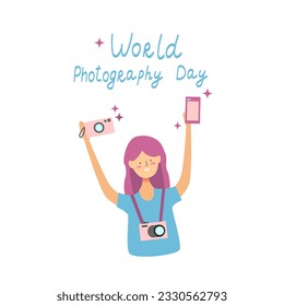 Vector del Día Mundial de la Fotografía, tipografía con personaje de fotógrafa femenina de dibujos animados, ilustración vectorial plana.