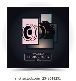 World photography day vector, typography design with camera. good template for world photography day design. Full illustration with camera and frame. 