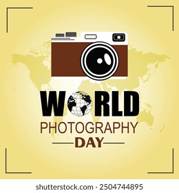 Vector del día mundial de la Fotografía, diseño de tipografía con cámara. buena Plantilla para el diseño del día mundial de la Fotografía