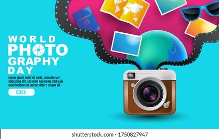 World photography day , event , vector, vintage camera, logo, Typography.