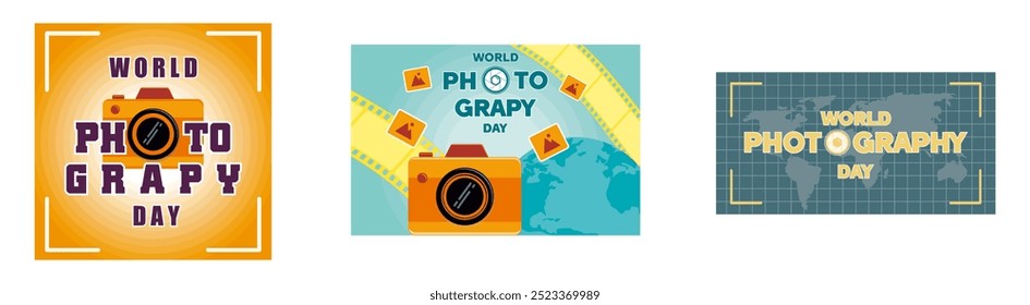 World photography day. Vintage camera. August 19 with world map on green background. Set flat vector modern illustration 