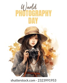 world photography day with  watercolor cartoon illustration for social media poster template