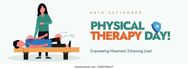 world Physical Therapy Day. 8th Sept World PT day cover banner, social media post with a patient lying, red circles pointing pain points, a female physiotherapist near him. The day tell benefits of PT