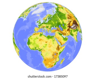 World physical vector map, centered on Europe, colored according to elevation,  with rivers and ocean depths, 20 layers, fully editable. Data source: NASA