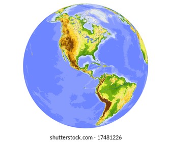 World physical vector map, centered on America, colored according to elevation,  with rivers and ocean depths, 19 layers, fully editable. Data source: NASA