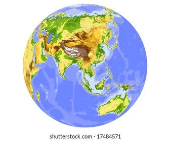 World physical vector map, centered on Asia, colored according to elevation,  with rivers and ocean depths, 20 layers, fully editable. Data source: NASA
