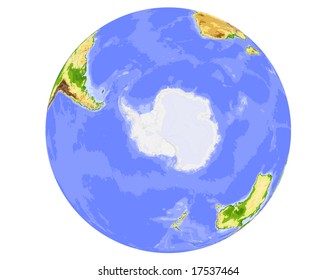 World physical vector map, centered on the South Pole, colored according to elevation,  with rivers and ocean depths, 19 layers, fully editable. Data source: NASA