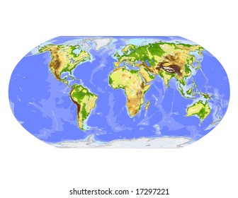 World physical vector map. Robinson projection, centered on Africa, colored according to elevation,  with contour lines, rivers and ocean depths, 22 layers, fully editable. Data source: NASA